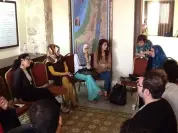 Susan Abulhawa discussing the Palestinian Novel with young writers in Gaza.
